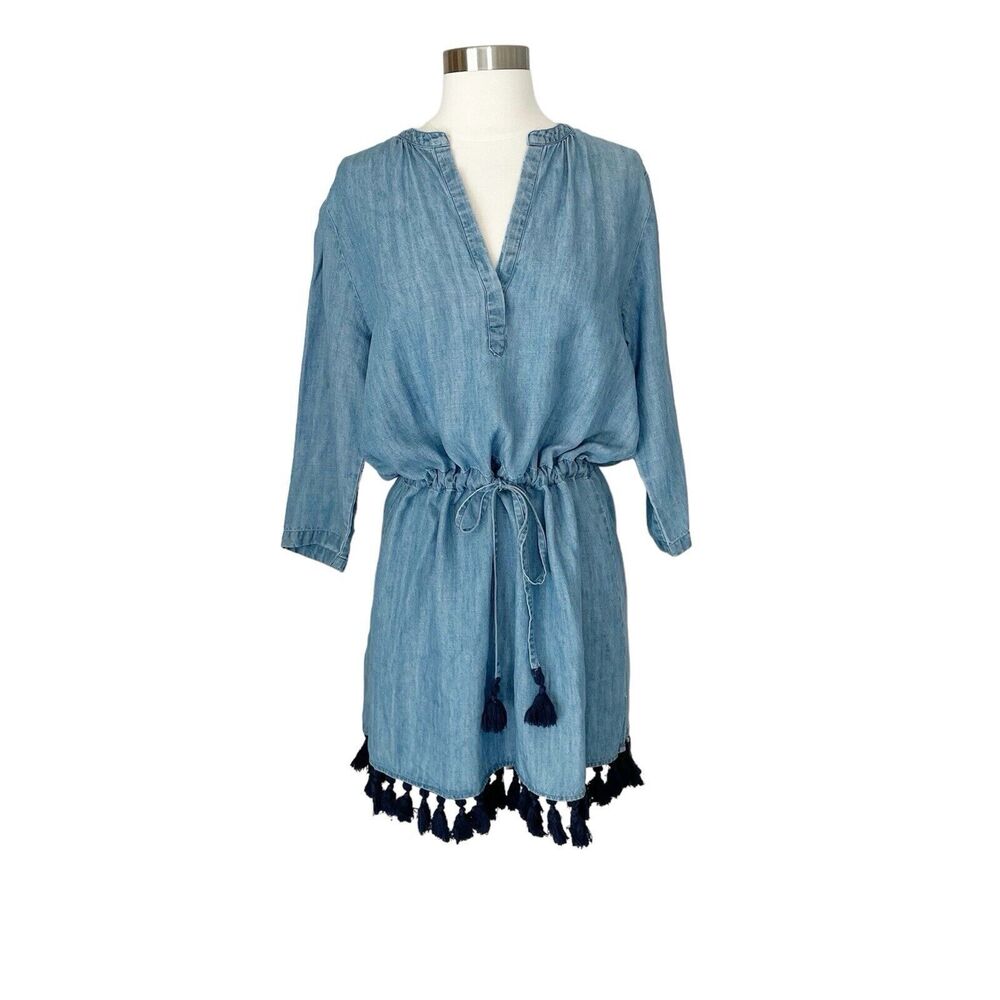 Rails Dress S Blue Chambray Denim Tassel Fringe Trim Tunic Shift V-neck Cinch